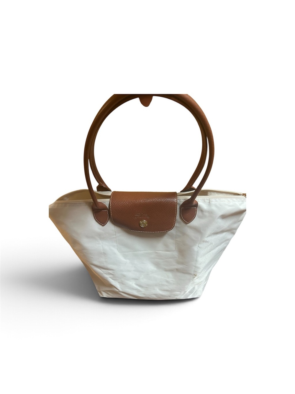 Longchamp Classic Cream Tote Bag with Brown Handles
